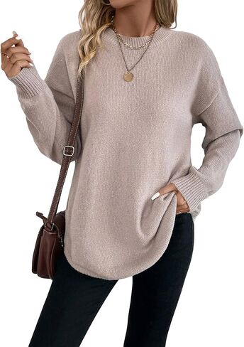COZYEASE Women's Tunic Sweaters Long Sleeve Crewneck Curved Hem Pullover Tops Loose Drop Shoulder Top in Saudi Arabia