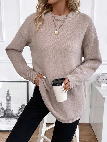 COZYEASE Women's Tunic Sweaters Long Sleeve Crewneck Curved Hem Pullover Tops Loose Drop Shoulder Top in Saudi Arabia