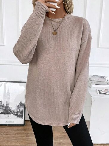 COZYEASE Women's Tunic Sweaters Long Sleeve Crewneck Curved Hem Pullover Tops Loose Drop Shoulder Top in Saudi Arabia