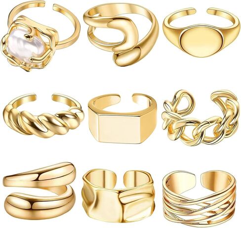 RIOSO 9Pcs Gold Chunky Rings for Women Gold Thumb Spoon Open Ring Set Statement Jewelry Adjustable Chunky Ring in Kuwait