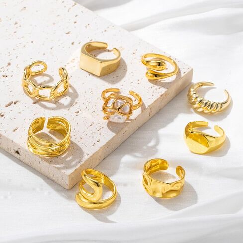 RIOSO 9Pcs Gold Chunky Rings for Women Gold Thumb Spoon Open Ring Set Statement Jewelry Adjustable Chunky Ring in Kuwait