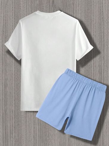 OYOANGLE Men's 2 Piece Set Graphic Print Short Sleeve Tee Top and Drawstring Waist Shorts Set Summer Outfits in Saudi Arabia