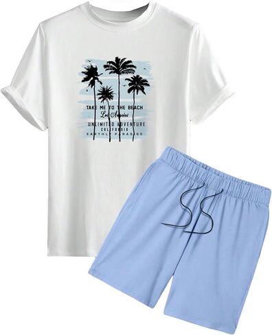 OYOANGLE Men's 2 Piece Set Graphic Print Short Sleeve Tee Top and Drawstring Waist Shorts Set Summer Outfits in Saudi Arabia