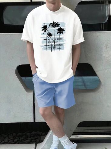 OYOANGLE Men's 2 Piece Set Graphic Print Short Sleeve Tee Top and Drawstring Waist Shorts Set Summer Outfits in Saudi Arabia