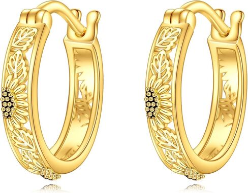 DOVRAN 14K Solid Gold Sunflower Flower Hoops Earrings Small Huggie Earrings for Women Birthday Gifts, Yellow Gold, No Gemstone in Kuwait