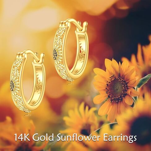 DOVRAN 14K Solid Gold Sunflower Flower Hoops Earrings Small Huggie Earrings for Women Birthday Gifts, Yellow Gold, No Gemstone in Kuwait