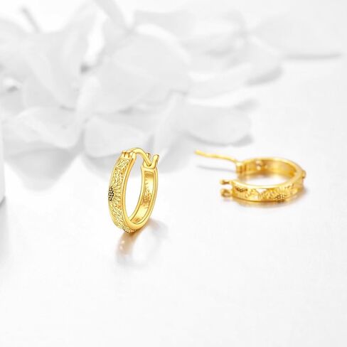 DOVRAN 14K Solid Gold Sunflower Flower Hoops Earrings Small Huggie Earrings for Women Birthday Gifts, Yellow Gold, No Gemstone in Kuwait