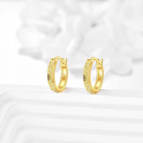 DOVRAN 14K Solid Gold Sunflower Flower Hoops Earrings Small Huggie Earrings for Women Birthday Gifts, Yellow Gold, No Gemstone in Kuwait