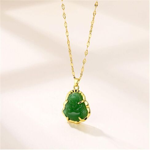 JczR.Y Maitreya Buddha Necklace Titanium Steel Laughing Buddha Necklace Imitation Chalcedony Green Jade Cubic Zirconia Gemstone Lucky Amulet Jewelry for Women Men in Saudi Arabia