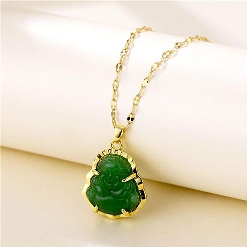 JczR.Y Maitreya Buddha Necklace Titanium Steel Laughing Buddha Necklace Imitation Chalcedony Green Jade Cubic Zirconia Gemstone Lucky Amulet Jewelry for Women Men in Saudi Arabia