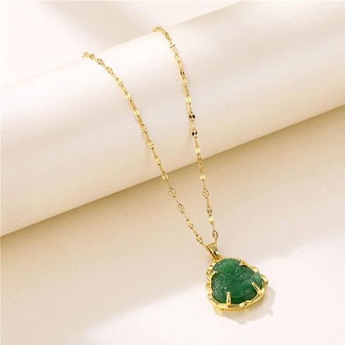 JczR.Y Maitreya Buddha Necklace Titanium Steel Laughing Buddha Necklace Imitation Chalcedony Green Jade Cubic Zirconia Gemstone Lucky Amulet Jewelry for Women Men in Saudi Arabia
