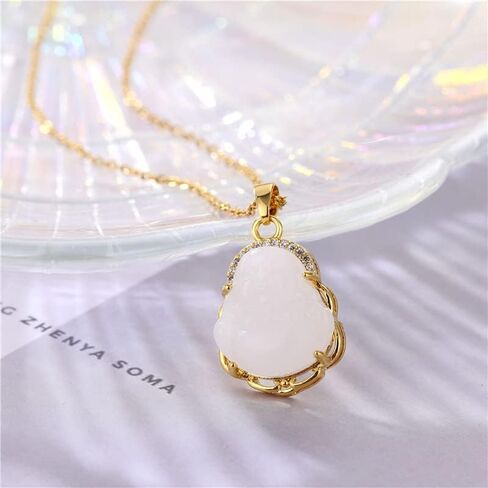 JczR.Y Maitreya Buddha Necklace Titanium Steel Laughing Buddha Necklace Imitation Chalcedony Green Jade Cubic Zirconia Gemstone Lucky Amulet Jewelry for Women Men in Saudi Arabia