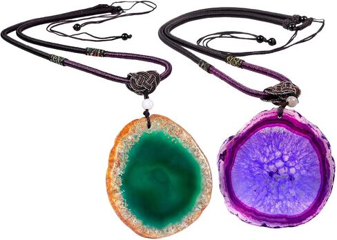 SUNYIK Natural Agate Slice Stone Necklace for Couples, Lover Relationship Adjustable Healing Pendant with Chain 17"-29" Strand, Pack of 2 in Saudi Arabia