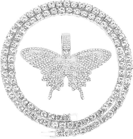 HH BLING EMPIRE Iced Out Silver/Gold Diamond Butterfly Necklace for Men Women, Hip Hop Big Butterfly Pendant with Rope/Tennis/Cuban Link Chains 22 Inch in Kuwait