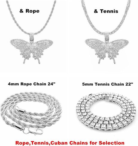 HH BLING EMPIRE Iced Out Silver/Gold Diamond Butterfly Necklace for Men Women, Hip Hop Big Butterfly Pendant with Rope/Tennis/Cuban Link Chains 22 Inch in Kuwait