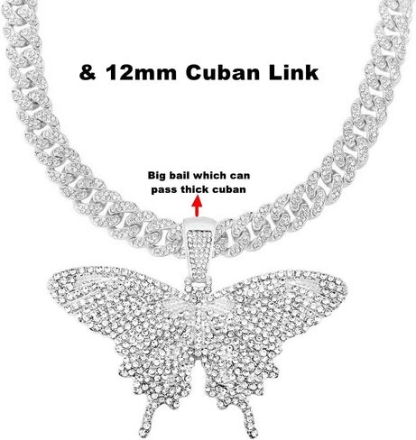 HH BLING EMPIRE Iced Out Silver/Gold Diamond Butterfly Necklace for Men Women, Hip Hop Big Butterfly Pendant with Rope/Tennis/Cuban Link Chains 22 Inch in Kuwait