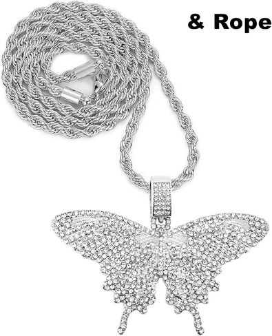HH BLING EMPIRE Iced Out Silver/Gold Diamond Butterfly Necklace for Men Women, Hip Hop Big Butterfly Pendant with Rope/Tennis/Cuban Link Chains 22 Inch in Kuwait