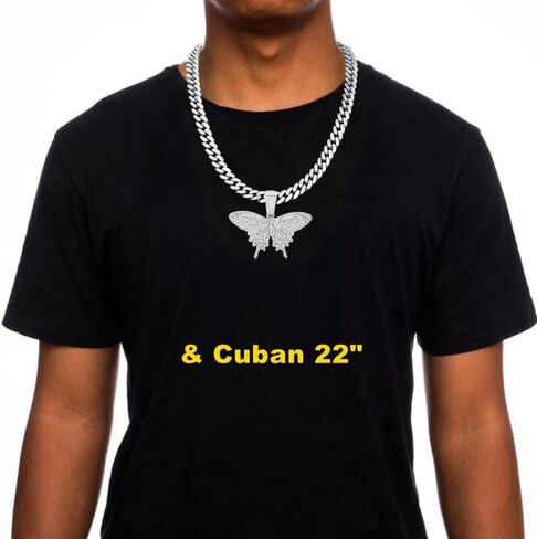 HH BLING EMPIRE Iced Out Silver/Gold Diamond Butterfly Necklace for Men Women, Hip Hop Big Butterfly Pendant with Rope/Tennis/Cuban Link Chains 22 Inch in Kuwait