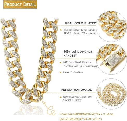 سلسلة ذهبية هالوكاكا للرجال مثلجة، سلسلة ذهبية للرجال مقاس 20 مم ميامي 18 قيراط مطلية بالذهب الحقيقي/البلاتينيوم من الذهب الأبيض بلمسة نهائية من الذهب الأبيض، مجموعة شوكة قطع ألماس كاملة من تشيكوسلوفاكيا، هدية له in Kuwait