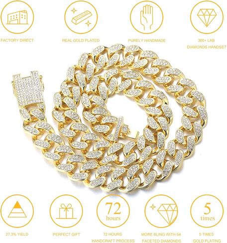سلسلة ذهبية هالوكاكا للرجال مثلجة، سلسلة ذهبية للرجال مقاس 20 مم ميامي 18 قيراط مطلية بالذهب الحقيقي/البلاتينيوم من الذهب الأبيض بلمسة نهائية من الذهب الأبيض، مجموعة شوكة قطع ألماس كاملة من تشيكوسلوفاكيا، هدية له in Kuwait