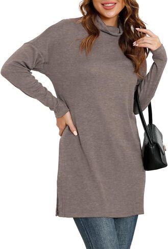 بلوزة نسائية من AWULIFFAN بياقة مدورة وأكمام طويلة وحاشية مقسمة فضفاضة كاجوال in Kuwait