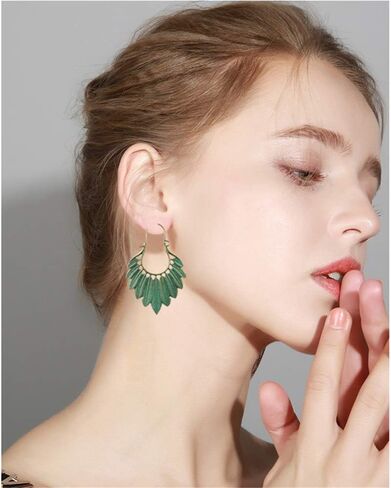 اليدوية بوهو خمر البرونزية الخضراء الجوف خفيفة الوزن بيان ليف هوب الأقراط مع نسيج مفصل القبلية العرقية قطرة تتدلى القرط للنساء in Kuwait