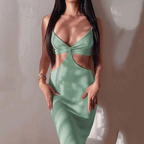 DREAM SLIM-Women's Sexy Spaghetti Straps Knitted Maxi Dresses Cut Out Backless Dress Bodycon Halter Neck Club Party Dress in Saudi Arabia