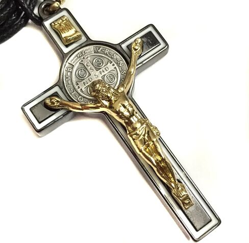 3" Saint Benedict Cross Crucifix Pendant Black White Enamel Gold Corpus Tone Catholic Medal in Saudi Arabia