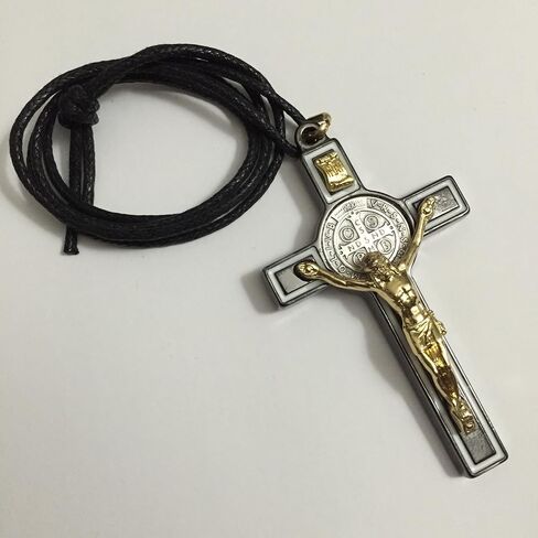 3" Saint Benedict Cross Crucifix Pendant Black White Enamel Gold Corpus Tone Catholic Medal in Saudi Arabia