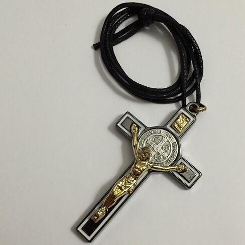 3" Saint Benedict Cross Crucifix Pendant Black White Enamel Gold Corpus Tone Catholic Medal in Saudi Arabia