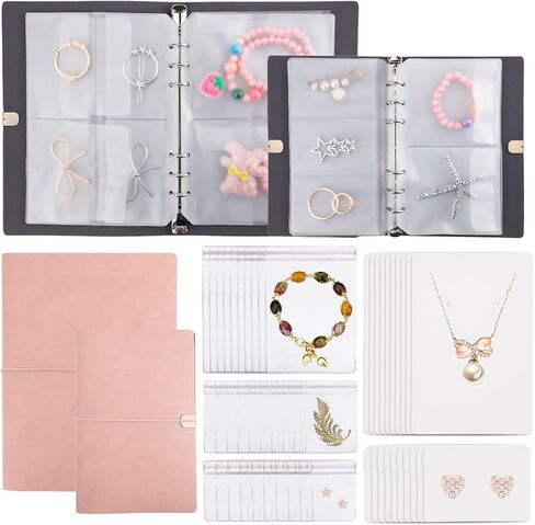 2 Pack Jewelry Organizer, Jewelry Storage Book with Pockets, PU Leather Earrings Travel Album for Ring, Necklace, Bracelets (100 Grids+100 Anti-Oxidation PVC Bags+80 Earring Cards+20 Necklace Cards) in Kuwait