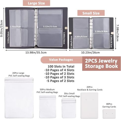2 Pack Jewelry Organizer, Jewelry Storage Book with Pockets, PU Leather Earrings Travel Album for Ring, Necklace, Bracelets (100 Grids+100 Anti-Oxidation PVC Bags+80 Earring Cards+20 Necklace Cards) in Kuwait