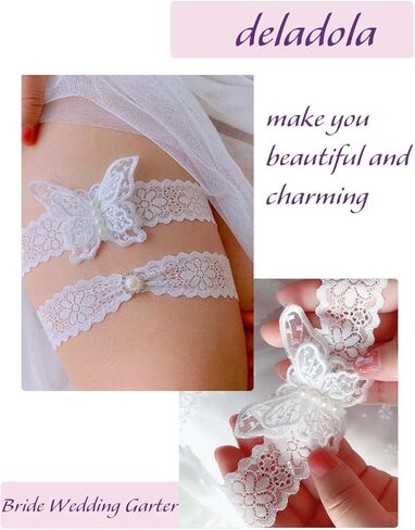 deladola Bride Wedding Garter with Butterfly White Lace Pearl Garters Bridal Stretch Leg Garter Set Accessories for Women and Girls(2 PCS) in Kuwait