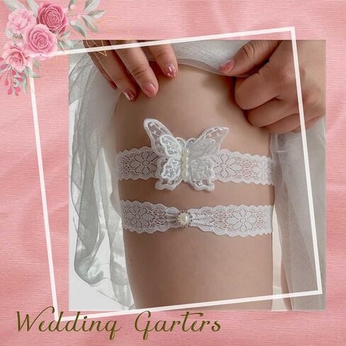 deladola Bride Wedding Garter with Butterfly White Lace Pearl Garters Bridal Stretch Leg Garter Set Accessories for Women and Girls(2 PCS) in Kuwait