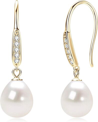 Freshwater Pearl Drop Earrings, 925 Sterling Silver 9-10mm Cultured Pearls Dangle Earrings with Cubic Zirconia, Wedding Anniversary Jewelry Gifts for Women Wife Bride in Saudi Arabia