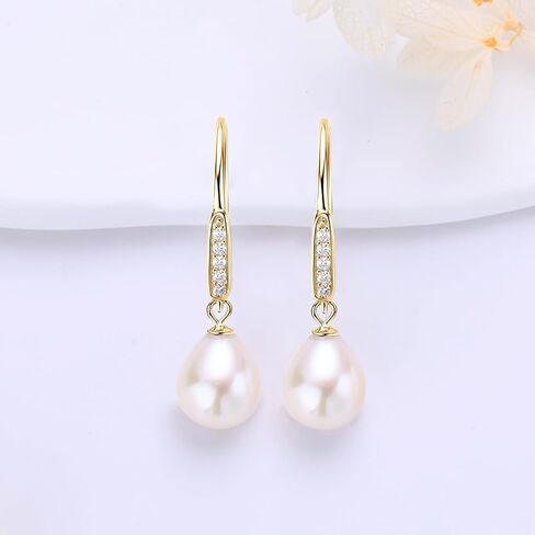 Freshwater Pearl Drop Earrings, 925 Sterling Silver 9-10mm Cultured Pearls Dangle Earrings with Cubic Zirconia, Wedding Anniversary Jewelry Gifts for Women Wife Bride in Saudi Arabia