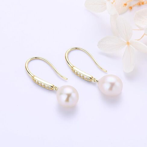 Freshwater Pearl Drop Earrings, 925 Sterling Silver 9-10mm Cultured Pearls Dangle Earrings with Cubic Zirconia, Wedding Anniversary Jewelry Gifts for Women Wife Bride in Saudi Arabia