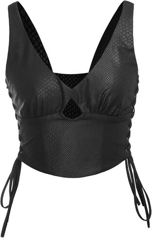 المرأة الجلود نظرة التمساح طباعة المحاصيل الأعلى الخامس الرقبة أكمام الجانب الرباط مثير تانك الأعلى in Kuwait