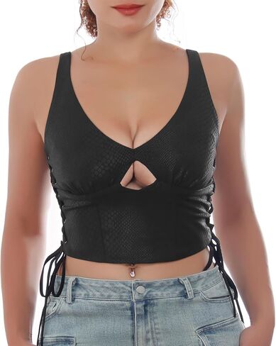 المرأة الجلود نظرة التمساح طباعة المحاصيل الأعلى الخامس الرقبة أكمام الجانب الرباط مثير تانك الأعلى in Kuwait