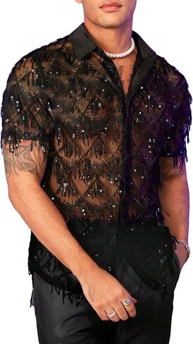 WDIRARA Men's Contrast Sequin Fringe Mesh Button Short Sleeve Lapel Neck See Through Party Shirt Top in Saudi Arabia