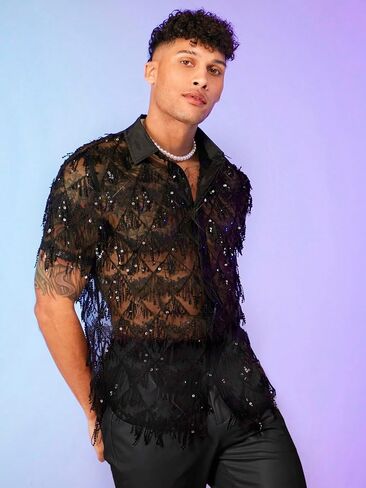 WDIRARA Men's Contrast Sequin Fringe Mesh Button Short Sleeve Lapel Neck See Through Party Shirt Top in Saudi Arabia
