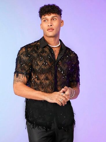 WDIRARA Men's Contrast Sequin Fringe Mesh Button Short Sleeve Lapel Neck See Through Party Shirt Top in Saudi Arabia