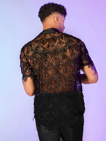WDIRARA Men's Contrast Sequin Fringe Mesh Button Short Sleeve Lapel Neck See Through Party Shirt Top in Saudi Arabia