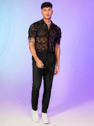 WDIRARA Men's Contrast Sequin Fringe Mesh Button Short Sleeve Lapel Neck See Through Party Shirt Top in Saudi Arabia