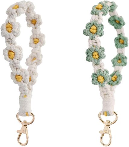 Cute Macrame Keychian Daisy Boho Handmade Wristlet Bracelet Keychain Wrist Lanyard Keyring Holder for Women & Grils in Saudi Arabia