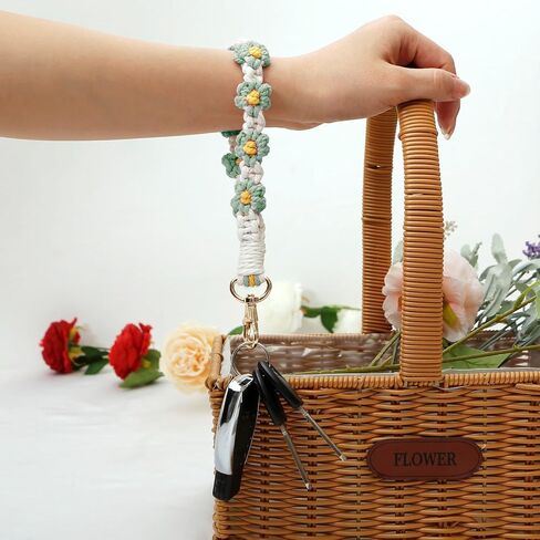 Cute Macrame Keychian Daisy Boho Handmade Wristlet Bracelet Keychain Wrist Lanyard Keyring Holder for Women & Grils in Saudi Arabia