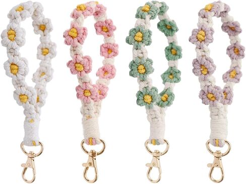 Cute Macrame Keychian Daisy Boho Handmade Wristlet Bracelet Keychain Wrist Lanyard Keyring Holder for Women & Grils in Saudi Arabia