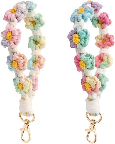 Cute Macrame Keychian Daisy Boho Handmade Wristlet Bracelet Keychain Wrist Lanyard Keyring Holder for Women & Grils in Saudi Arabia