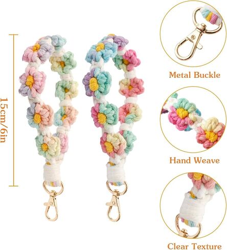 Cute Macrame Keychian Daisy Boho Handmade Wristlet Bracelet Keychain Wrist Lanyard Keyring Holder for Women & Grils in Saudi Arabia