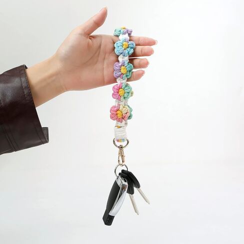 Cute Macrame Keychian Daisy Boho Handmade Wristlet Bracelet Keychain Wrist Lanyard Keyring Holder for Women & Grils in Saudi Arabia